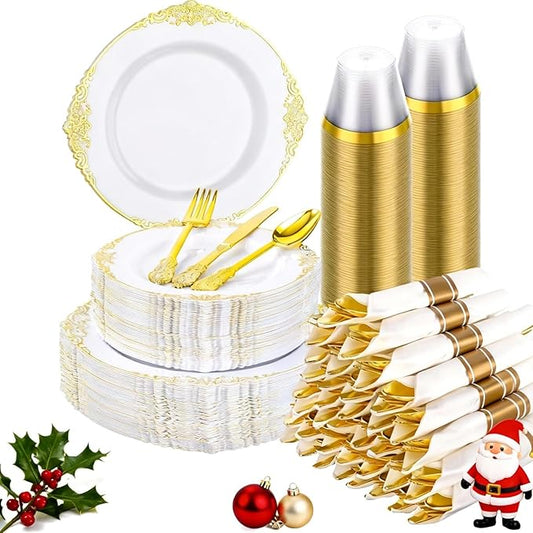 Goodluck 350 Piece Gold Plastic Dinnerware Set for 50 Guests, Fancy Disposable Plates, Include: 100 Gold Rim Plastic Plates, 150 Silverwares, 50 Pre Rolled Napkins, 50 Cups for Party, Wedding