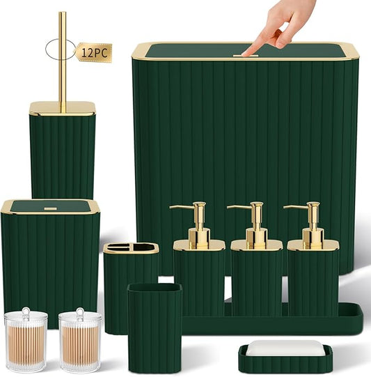 Bathroom Accessory Set - Bathroom Set, 12PC Bathroom Accessories Set, Dark Green Bathroom Accessories Set, Mini Trash Can, Toilet Brush, Trash Can & Soap Dispenser