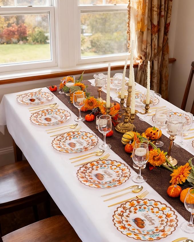 Supernal 60pcs Thanksgiving Plastic Plates Heavy Duty,Fancy Scalloped Plates with Fall Pumpkin and Autumn Maple Leaves, Include 30 Dessert Plate&Dinner Plastic Plate for Thanksgiving Party
