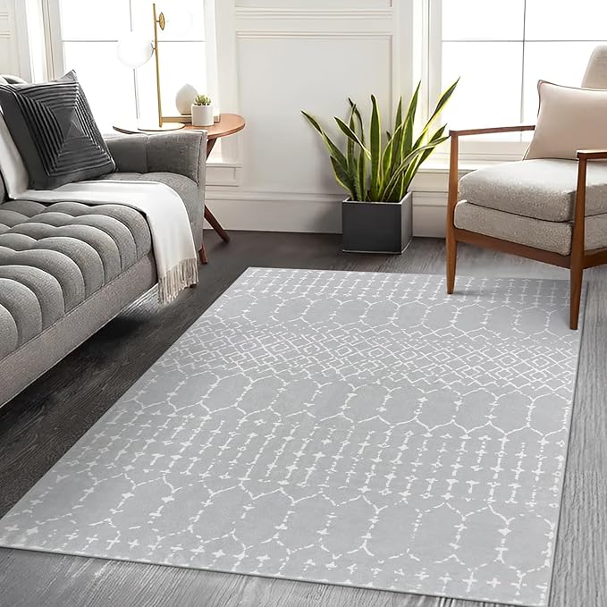 Lahome Moroccan Washable Living Room Area Rug - 3x5 Small Rugs for Bedroom Throw Non-Slip Low-Pile Entryway Rug Kitchen Rugs Soft Grey Distressed Capet for Office Bathroom Laundry Room Dining Room