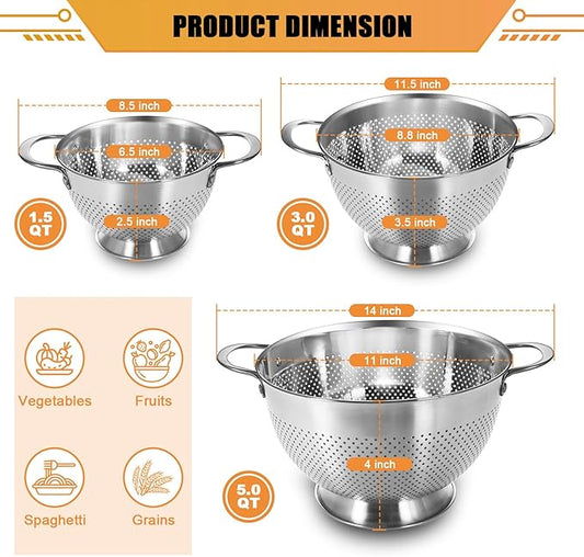 Stainless Steel Colander Set of 3 (1-3.5-5Quart) | Durable Rice and Pasta Strainer with Handle | Oversized Handles | Nesting Design | Rust-Resistant & Dishwasher Safe