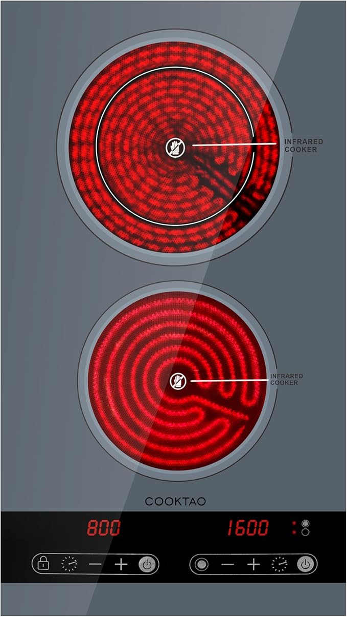 Dual Coil Design of Double Burner Electric Cooktop, 1800W Ceramic Hot Plate for Cooking, Portable Countertop Infrared 2 Burner or 12inch Built-in Radiant Stove Top Cooker, Compatible with All Cookware
