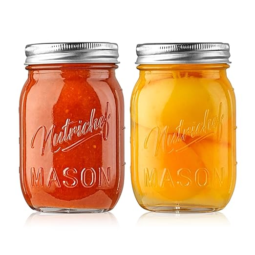 NutriChef 2-Pack 16 oz Mason Jars with Lids - Thick Glass Canning Jars with Stainless Steel Lids - Ideal for DIY Spices, Meal Prep, Overnight Oats, Jelly, Jam, Honey, Candles, Crafts, & More