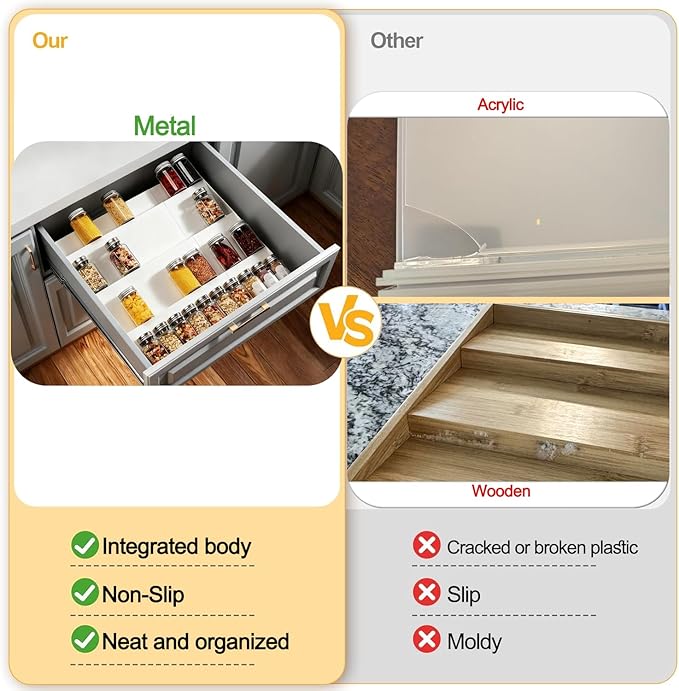 GOENDR Metal Spice Drawer Organizer, 4-Tier Spice Rack for Cabinet, Expandable Seasoning Organizer Fits 11.4-22.8” Drawer, Holds up to 48 Spice Jars (Not Included), White