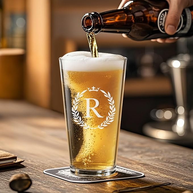 Personalized Beer Glasses Gifts for Men, 16 oz Pint Glasses Monogrammed A-Z Drinking Glass Cups Customized Gift, Unique Christmas Anniversary Birthday Gifts for Men Him Dad Brother Husband Grandpa (R)