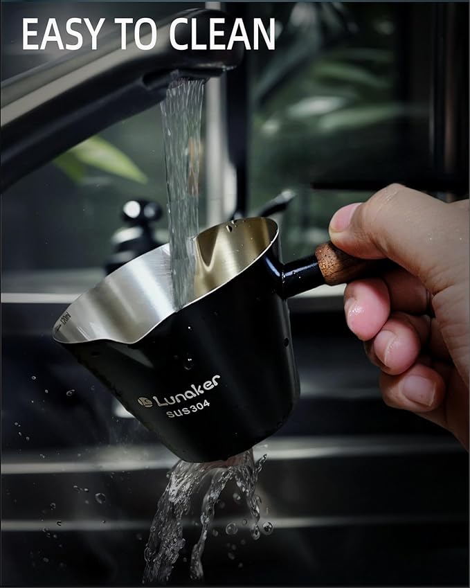 Espresso Cups - 4OZ Espresso Shot Cup with Wooden Handle -Measuring Cup with Double Spouts - Coffee Bar Accessories, Black