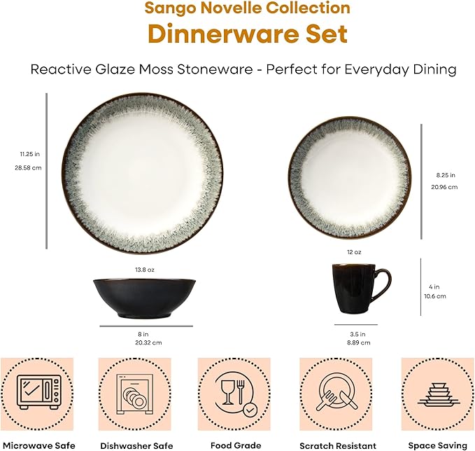 Sango 16-Piece Stoneware Dinnerware Set for 4, Glossy White & Green Mugs, Plates and Bowls Sets- Reactive Glaze, Ceramic Dish Set, Dishes for Everyday Use, Microwave & Dishwasher Safe, Novelle Moss