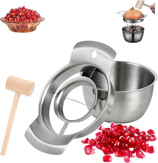 304 Stainless Steel Pomegranate Peeling Tool, Pomegranate Deseeder Tool, Pomegranates Peeler Deseeder, Includes Cutter Bowl and Wooden Hammer for Easy Deseeding, for Home Kitchen (1Set)