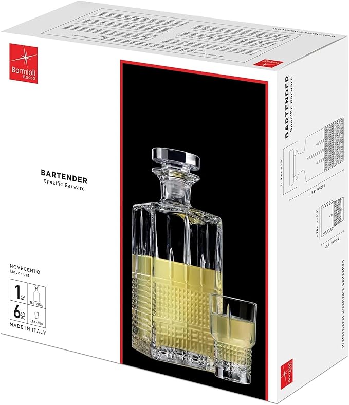 Bormioli Rocco Bartender Novecento Stackable 7-Piece Liquor Set, Includes 1 Decanter and 6 Shot Glasses for Liquor and Spirits, Clear