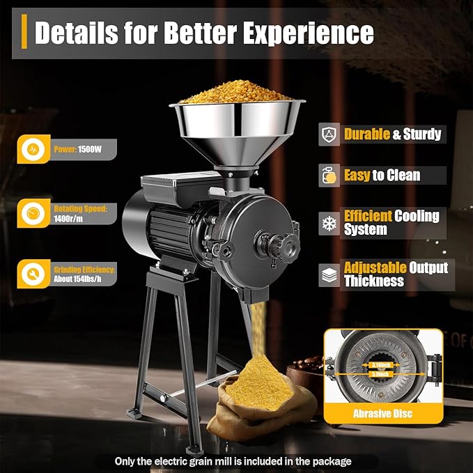 1500W Electric Grain Mill Grinder, 110V Dry Grain Grinder, Commercial Corn Grinding Machine with Funnel & Adjustable Thickness, Heavy Duty Cereals Feed Flour Coffee Wheat Mill