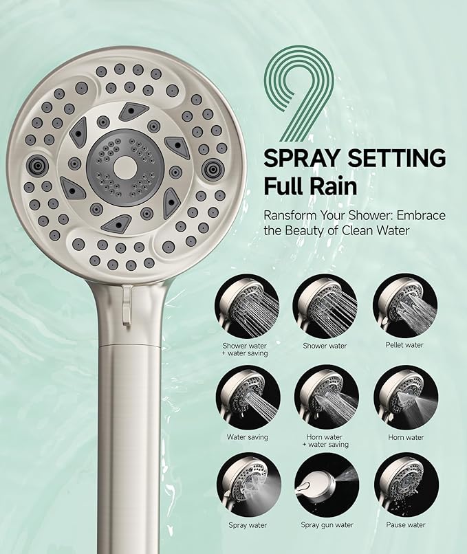 SunCleanse Filtered Shower Head with Handheld,9-Spray Setting Detachable Shower Head with 4 Filters for Hard Water - Filter Chlorine, Improve Skin and Hair Texture (4 Filters, Brushed Nickel)