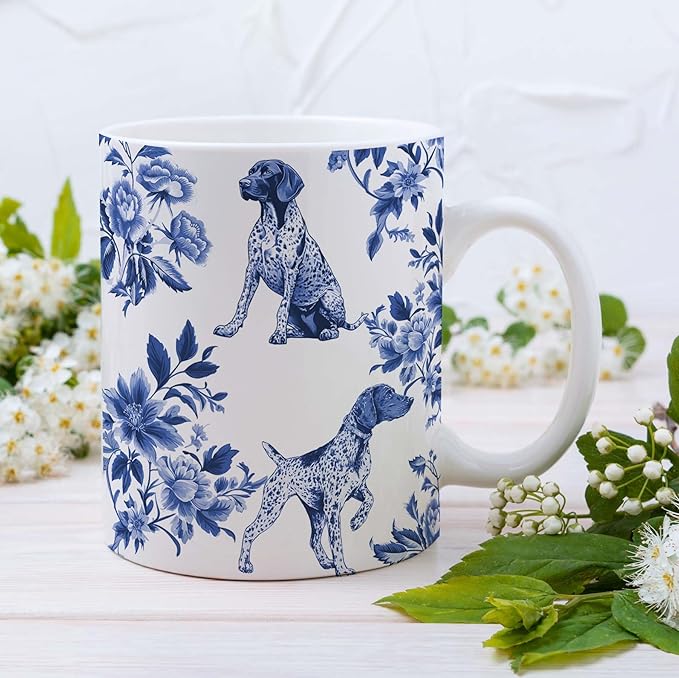 Pointers Blue French Toile Mug Cup, German Shorthaired Pointer Lover Gifts for Women, Blue Chinoiserie Toile Coffee Cup for Pointer Mom, Dog Lovers Tea Coffee Mug Birthday Gifts for Dog Owners