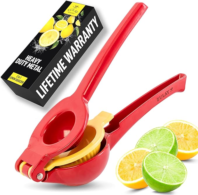 Zulay Kitchen Metal 2-in-1 Lemon Squeezer - Sturdy Max Extraction Hand Juicer Lemon Squeezer Gets Every Last Drop - Easy to Clean Manual Citrus Juicer - Easy-Use Lemon Juicer Squeezer - Red/Yellow