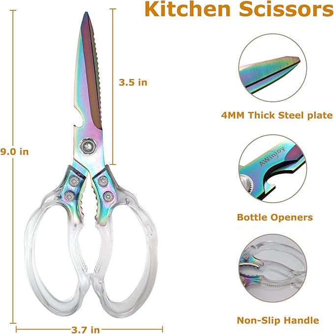 AWinjoy Heavy Duty Sharp Kitchen Scissors, Dishwasher Safe, Cooking Shears for Meat, Chicken, Fish, Poultry, Herb, Bread (Blade Gold)
