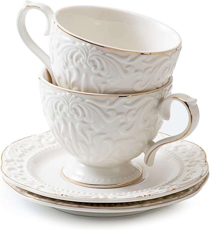Cups and Saucers Tea Cups Set of 2, Ceramic Coffee Cups with Floral Embossed Design, 200ml (7 oz) Tea Cups and Saucers Porcelain Mugs for Birthday Party Cafe Home Mother's Day Gift