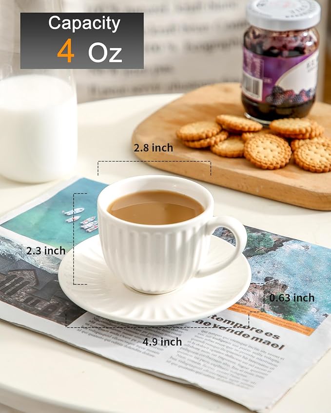 Hasense 4 Oz Espresso Cups with Saucers Set of 6, Ribbed Cappuccino Cups Ceramic for Coffee,Espresso,Double shot,Latte and Macchiato, Demitasse Cups Set Aesthetic Gift, White
