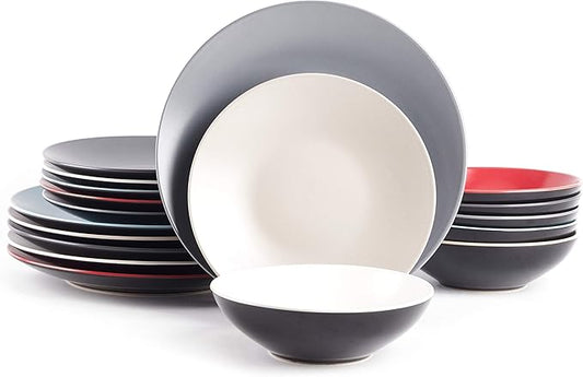 Colors Life 18pc Dinner Set，Very Cool - 6 Assorted Colors Cool Beige, Cool Grey, Light Grey, Frost Red,Turquoise and White