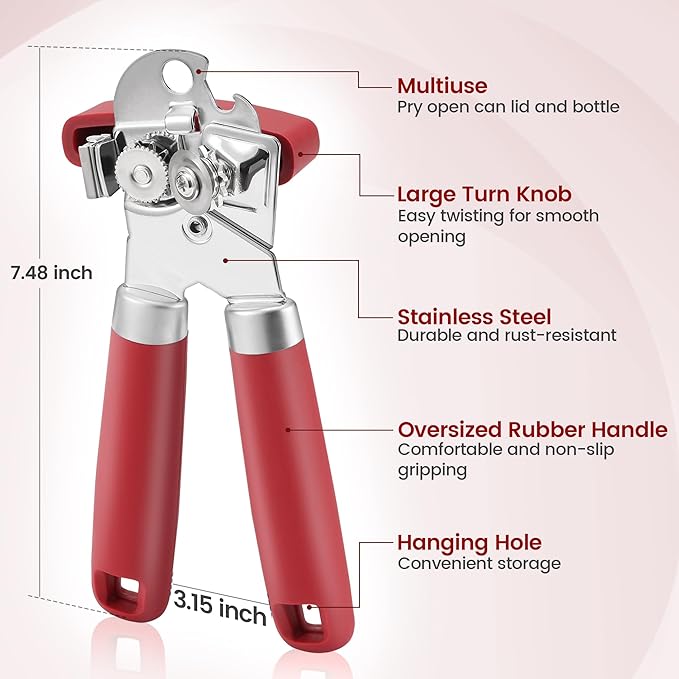 Manual Can Opener Smooth Edge with Magnet, Vayvnt Stainless Steel Handheld Strong Can Bottle Opener, Extra Shape Cutting Blade&Large Turn Knob, Multifunctional 4 In 1 Kitchen Tool for Seniors, Red