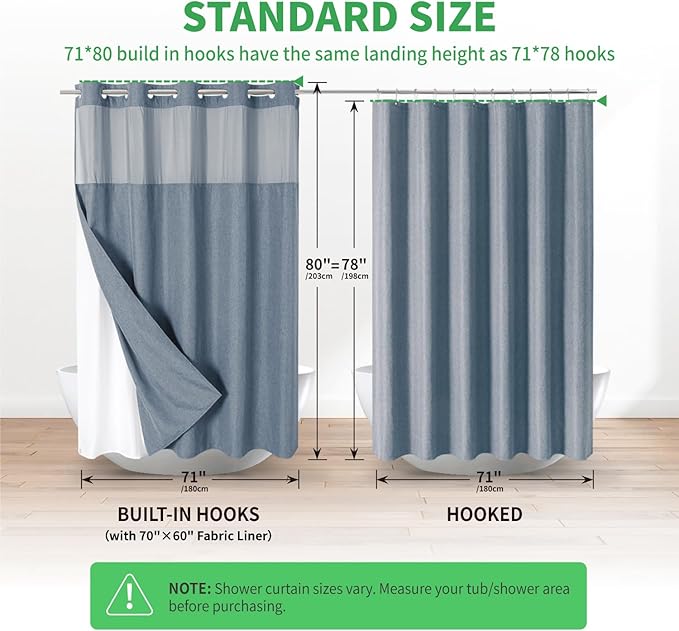 Long No Hooks Needed Linen Textured Shower Curtain with Snap-in Fabric Liner Set,Blue Grey Hotel Luxury Decor Shower Curtains for Bathroom,Waterproof & Washable,71Wx80H