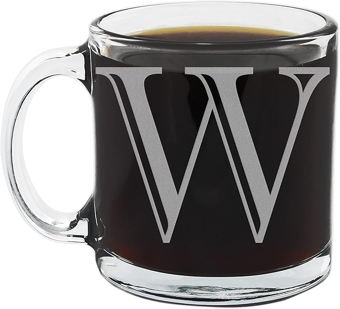 Spotted Dog Company Etched Monogram 12oz Clear Glass Coffee Mug (Letter W), A-Z Customized Coffee Gifts, Custom Engraved Gifts for Women Her, Personalized Gift for Men, Initial