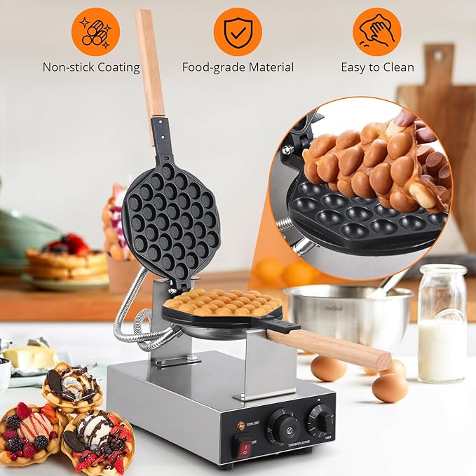 Garvee Electric Bubble Waffle Maker, 2800W Round Waffle Iron Bubble Waffle Maker Non-Stick Egg Machine for Home and Commercial Use, Single