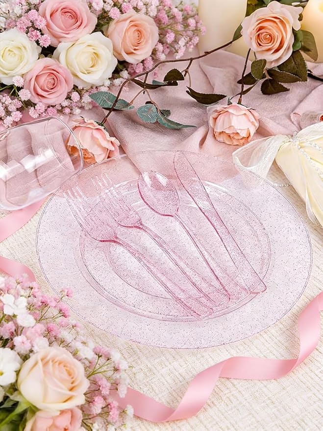 WDF 200PCS Pink Plastic Plates - Rose Gold Glitter Plastic Plates - Heavy Duty Pink Glitter Disposable Plates for Parties/Wedding/Valentine's Day