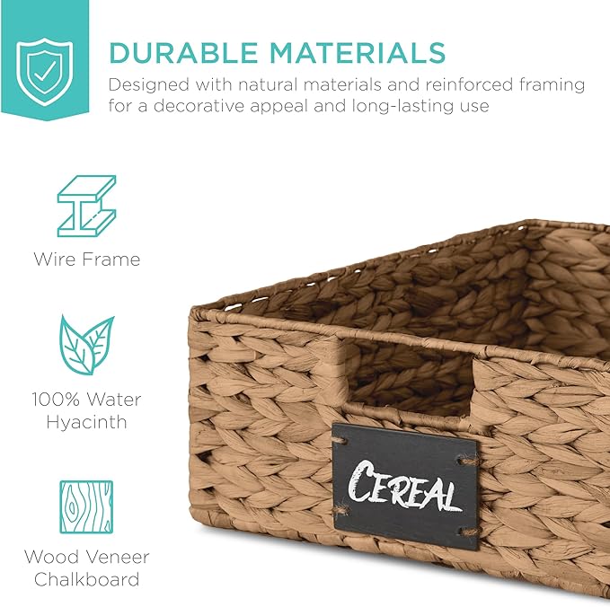 Best Choice Products Set of 4 16x12in Large Water Hyacinth Pantry Baskets, Woven Organizers w/Chalkboard Label, Chalk Marker - Chestnut