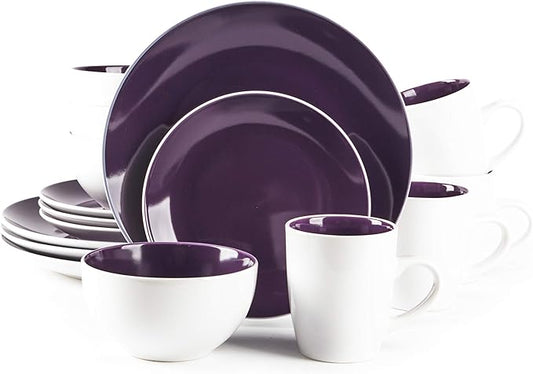 Stoneware Coupe Shape 16pc Dinnerware Set, Outside White + Inside Violet