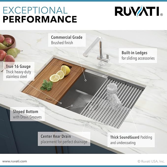 Ruvati 33-inch Round Corner Undermount 16 Gauge Stainless Steel Workstation Kitchen Sink Single Bowl – Soundproof Multifunction Chef Sink with Cutting Board & Accessories – RVH8303