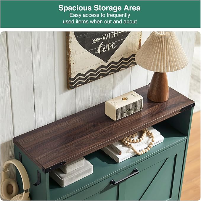 Shoe Storage Cabinet,Farmhouse Shoe Organizer with 2 Flip Drawers & Barn Door Design,Freestanding Hidden Slim Narrow Shoe Rack Cabinet with Open Storage for Entryway, Foyer,Hallway,Green