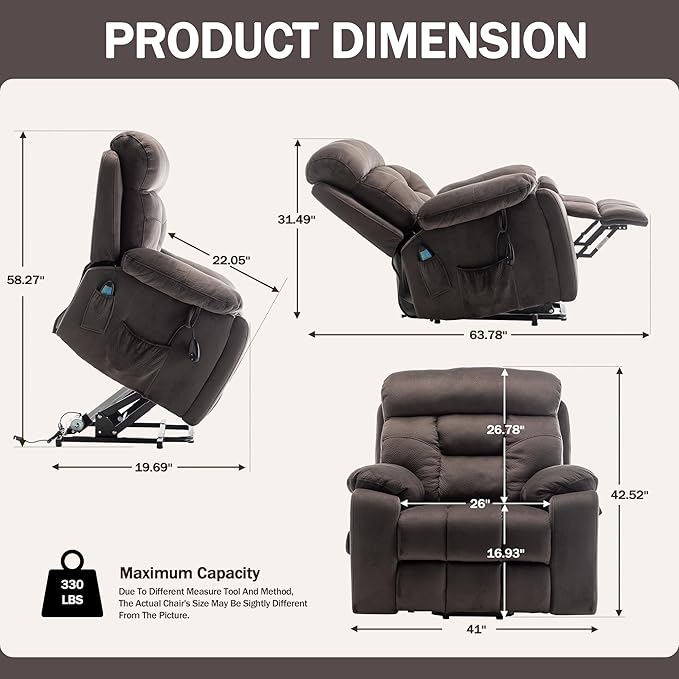 Oversized Power Recliner Chair with Massage Heat for Elderly Lift Chair, Infinite Position, Velvet Electric Recliner with Cup Holders, Side Pockets