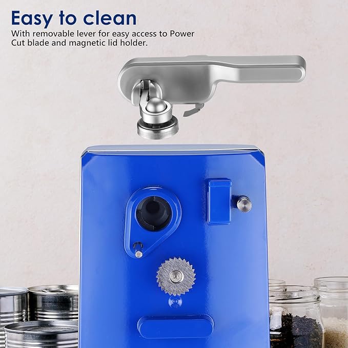 Davivy Electric Can Opener, One Touch Lid Opening, Removable Stainless Steel Cutter and 3-in-1 Design, with Sharpener and Bottle Opener (Blue)