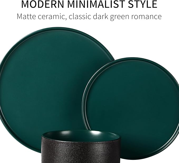GZG Classic Series - Plates and Bowls Set for 2, 6 Piece Stoneware Dinnerware Sets, Microwave and Dishwasher Safe Lead-Free Handcrafted Ceramic Dishes Set - Malachite Green