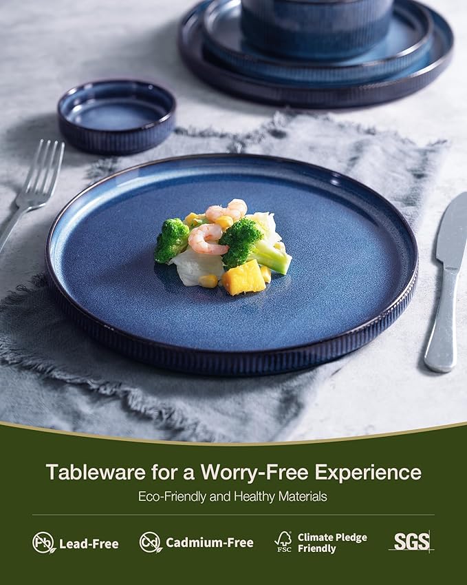 Famiware Star Dinnerware Set with Pasta Bowls, Service for 6 (24 Pieces), Ribbed Stoneware Plates and Double Bowls Sets - Chip & Scratch Resistant, Microwave & Dishwasher Safe Dishes, Nebulas Blue