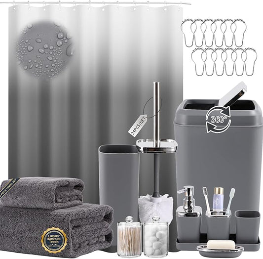Grey Bathroom Accessories, 24 Pieces Grey Bathroom Accessories Set with Shower Curtain, Bath Towels, Trash Can, Soap Dispenser and Soap Dish for Bathroom/Housewarming