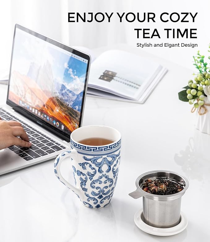 AmorArc Porcelain Tea Mug with Infuser and Lid, 18 Oz Tea Cup with Handle for Loose Leaf Tea, Gift for Tea Lovers of Men and Women