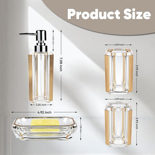 4 Piece Premium Acrylic Bathroom Accessory Set, Hand Sanitizer Bottle, Lotion Can Bathroom Suit, Separate Bottle Soap Box, Mouthwash Cup, Toothbrush Cup(Brushed Gold)