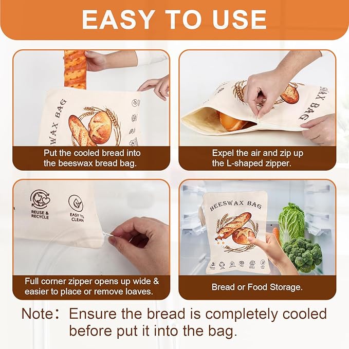 2 Pack Beeswax Bread Bags for Sourdough with L - Shaped Zipper Designed, Large Reusable Sourdough & Homemade Bread Bags - Easier to Use and Clean | Keep Food Freshness Longer