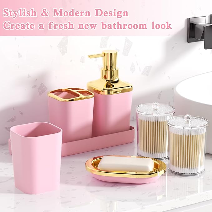 Bathroom Set - Pink Bathroom Sets with Shower Curtain and Rugs, 24PCS Shower Curtain Set with Hooks, Soap Dispenser, Soap Dish, Toilet Brush Holder and Trash Can for Housewarming