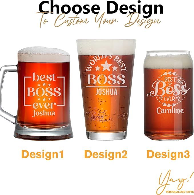 Personalized Boss Gifts for Men, Custom Beer Glass with Engraved Name, Birthday Farewell Retirement Christmas Boss Day Gift for Coworkers Staff Leader Office Decor