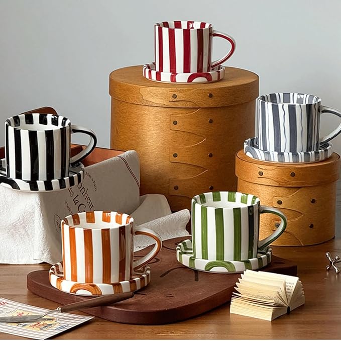 8Oz Stylish Handmade Vertical Striped Coffee Mug Espresso Cups With Saucer, Small Hand painted Ceramic Cappuccino Mugs, Glazed Tea Cup, Microwave safe Latte art mug(Brown), Fall mug