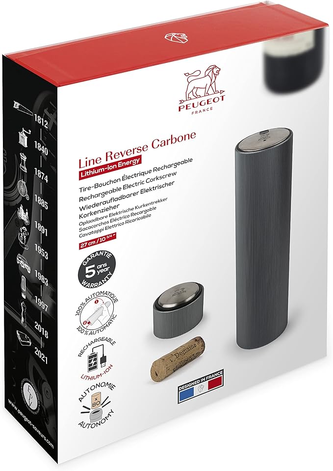Peugeot Line Reverse Automatic Rechargeable Electric Wine Opener/Corkscrew, Carbon Dark Grey