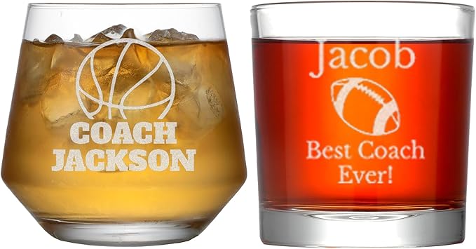 Personalized Coach Gifts for Men, Custom Whiskey Glass with Engraved Name, Soccer Football Softball Volleyball Coach Gifts Wrestling Gymnastics Coach Gift