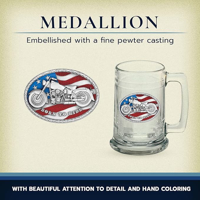 Heritage Pewter Motorcycle Beer Stein Glass | 15 Ounce German-Style Beer Glass | Intricately Crafted Metal Pewter Inlay