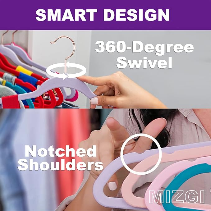MIZGI Premium Velvet Hangers - Heavy Duty Non Slip Felt Hangers (50 Pack) - Aqua Blue & Rose Gold Hooks, Space Saving & Durable for Suits & Coats