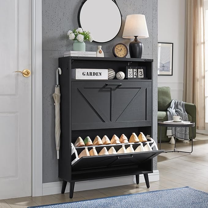 Shoe Storage Cabinet, Farmhouse Shoe Organizer with 2 Flip Drawers & Barn Door,Freestanding Hidden Slim Narrow Shoe Rack Cabinet with Open Storage for Entryway, Foyer, Black