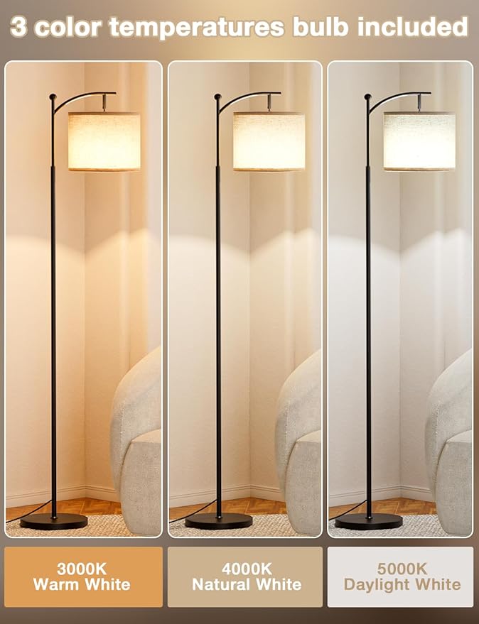Ambimall 60" Floor Lamps for Living Room with 3 Color Temperatures, Standing Lamp Tall with Adjustable Linen Shade, Tall Lamps for Living Room Bedroom Office Classroom Dorm Room, 9W Bulb Included