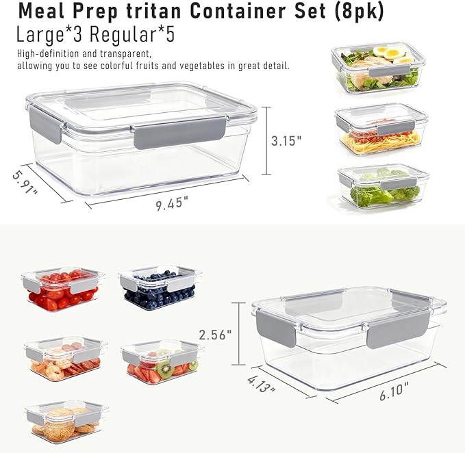 Tritan Plastic Food Storage Containers, Airtight Tritan Plastic Locking for Fridge Freezer, Meal Prep, Deli Meat, Snacks, 8 Containers with Lids, 16 pieces, Clear