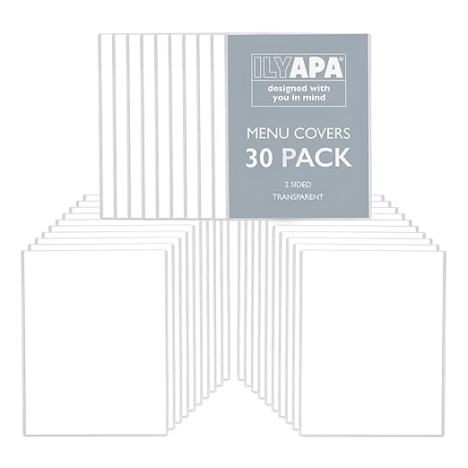 Ilyapa 30 Pack of Menu Covers 8.5 x 11 Inches - Single Page, 2 View - Restaurant Menu Covers, Double Stitched Sleeves, Two Clear Viewing Surfaces