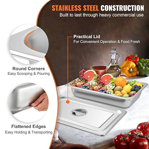 VEVOR 4 Pack Stainless Steel Hotel Pans,Full Size 4 Inch Deep 0.8mm Thick Anti Jam Commercial Food Pans with lid ,for Steam Tables, Restaurants, Catering & Industrial Use".